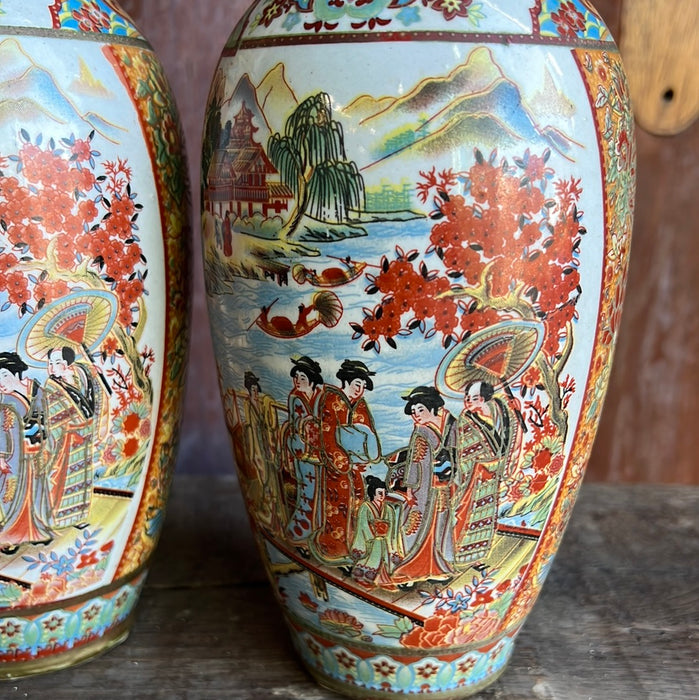 PAIR OF POLYCHROME JAPANESE VASES