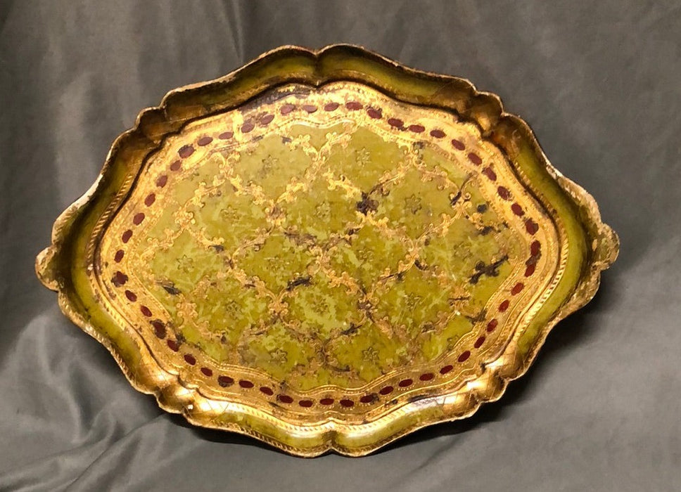 OVAL FLORENTINE TRAY WITH GREEN, RED AND GOLD