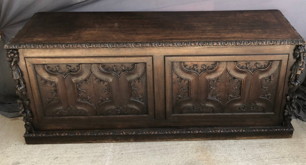 LARGE DARK OAK GOTHIC COFFER