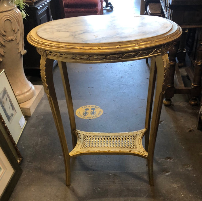 OVAL GOLD MARBLE TOP STAND WITH CANING