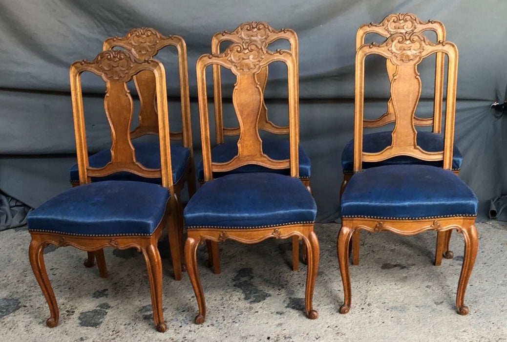 SET OF 6 OAK LOUIS XV CHAIRS WITH  BLUE LEATHER SEAT S