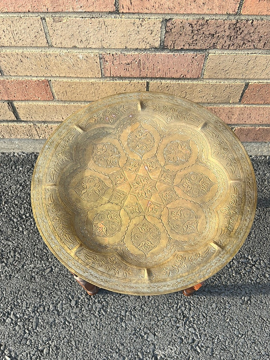 BRASS TRAY TOP TABORET WITH FOLDING BASE