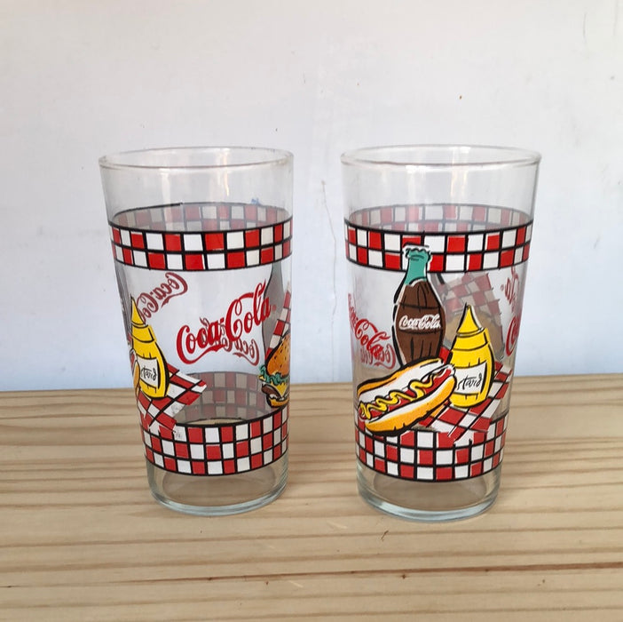 Pair of Large hot dog and mustard Coca-Cola glass