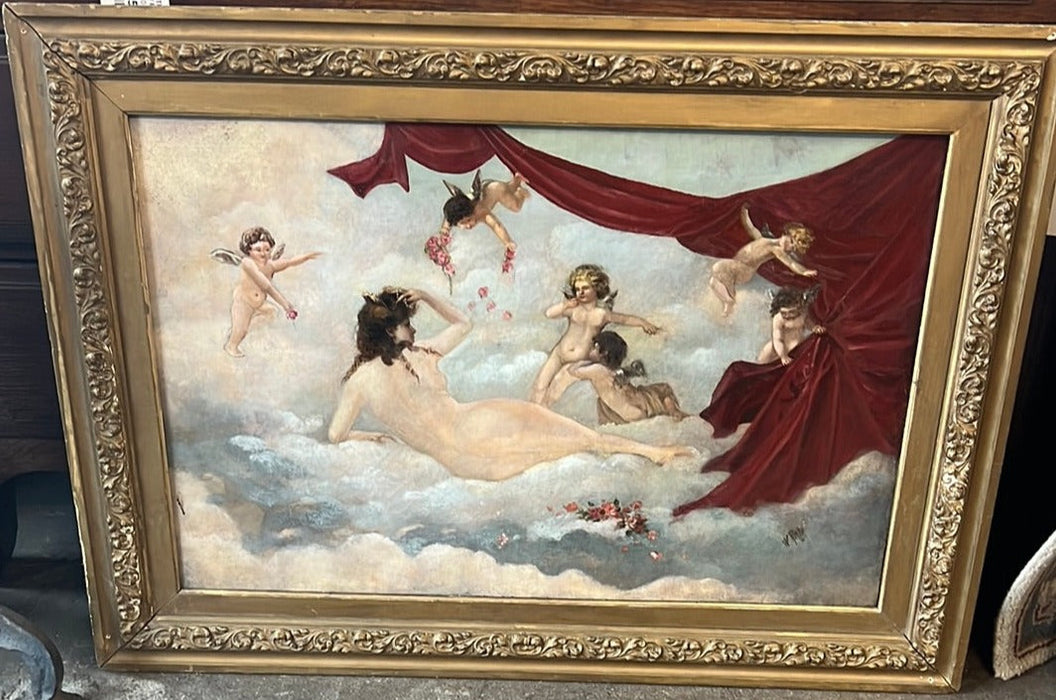 19TH CENTURY OIL PAINTING OF A NUDE WOMAN WITH ANGELS