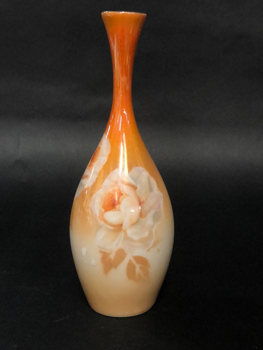 R.S. GERMAN LUSTRE WITH ROSES LONG NECK GLASS VASE