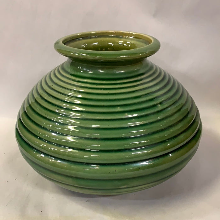 LARGE RIBBED GREEN GLAZED BULBOUS VASE