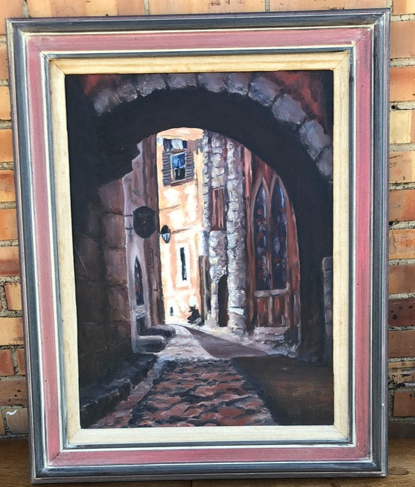 COBBLED STREET SCENE OIL PAINTING ON CANVAS WITH ARCH