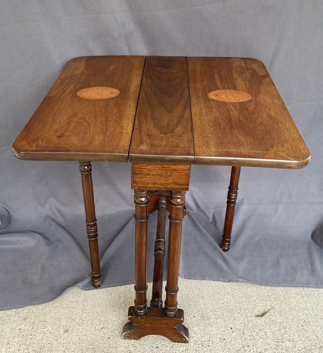 SMALL EDWARDIAN DROPLEAF TABLE WITH INLAID FLORAL - AS IS FINISH