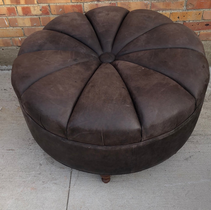 ROUND BROWN LEATHER OTTOMAN