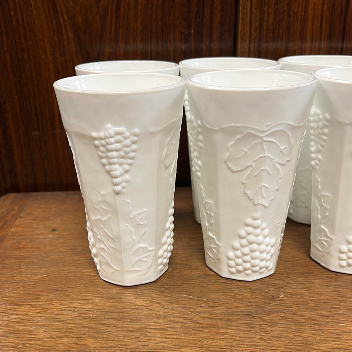 SET OF 8 GRAPE MOTIF MILK GLASS TUMBLERS