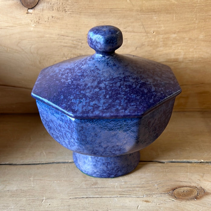 PURPLE GLAZED POTTERY OCTAGONAL LIDDDED DISH - AS FOUND