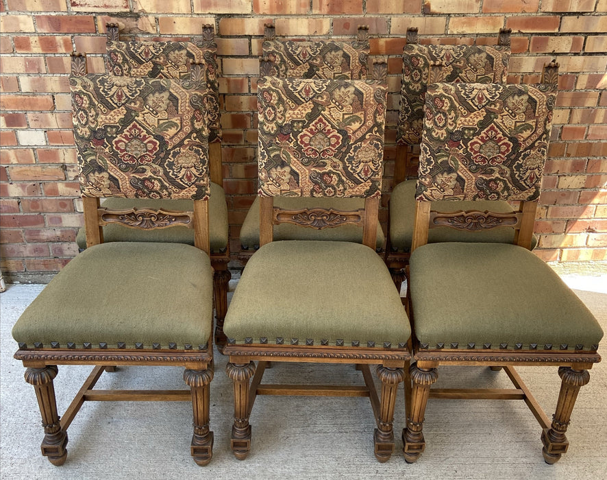 SET OF 6 ITALIAN GREEN UPHOLSTERED CHAIRS WITH FLUTED LEGS