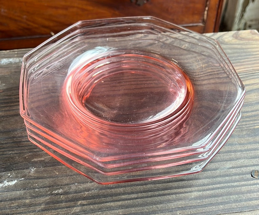 SET OF 4 PINK DEPRESSION GLASS OCTAGONAL PLATES