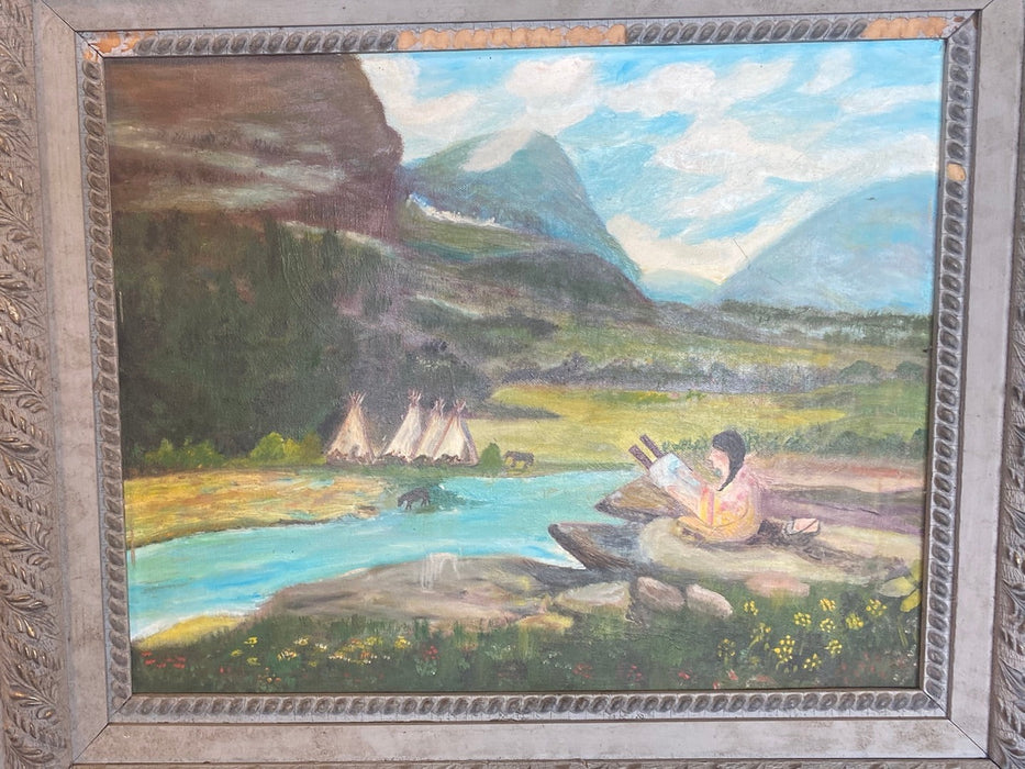 19TH CENTURY FRAME WITH PRIMITIVE OIL PAINTING OF INDIAN BY RIVER