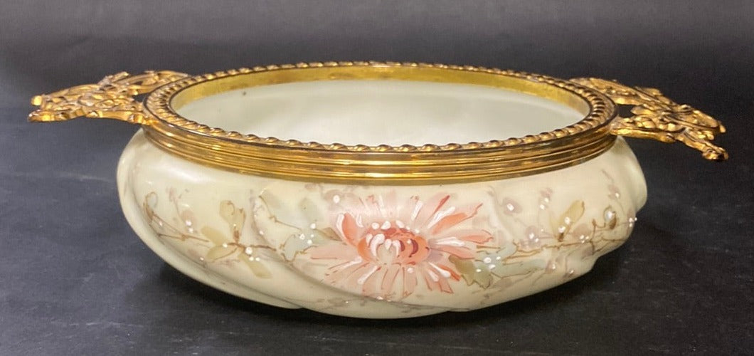 WAVECREST PAINTED LOW FLORAL DISH WITH BRASS ACCENTS