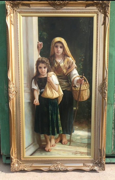 FRAMED OIL PAINTING OF 2 GIRLS WITH BASKET-STYLE OF BUCHERO