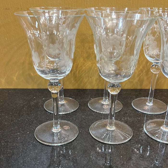 SET OF 8 ETCHED FLARED WINE GLASSES — Lots of Furniture