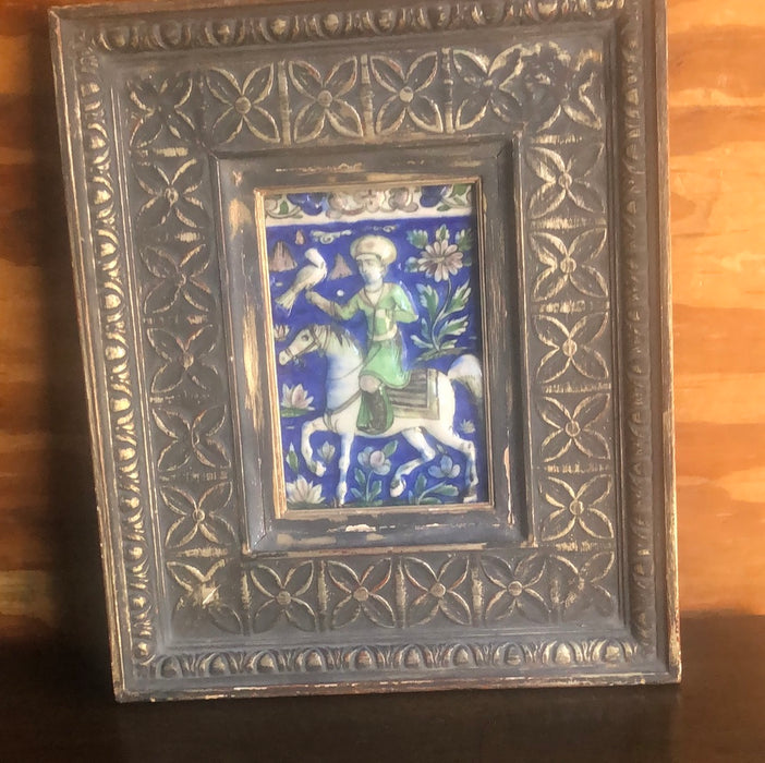 FRAMED COLORFUL PERSIAN TILE OF MAN ON HORSE