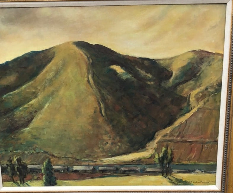 CALIFORNIA MOUNTAIN LANDSCAPE OIL PAINTING WITH A TRAIN SIGNED EVELYN HERMAN