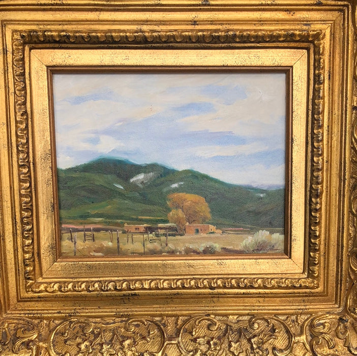 SMALL NICELY FRAMED NEW MEXICO PUEBLO SCENE OIL PAINTING SIGNED JOHN AUSTIN HANNA