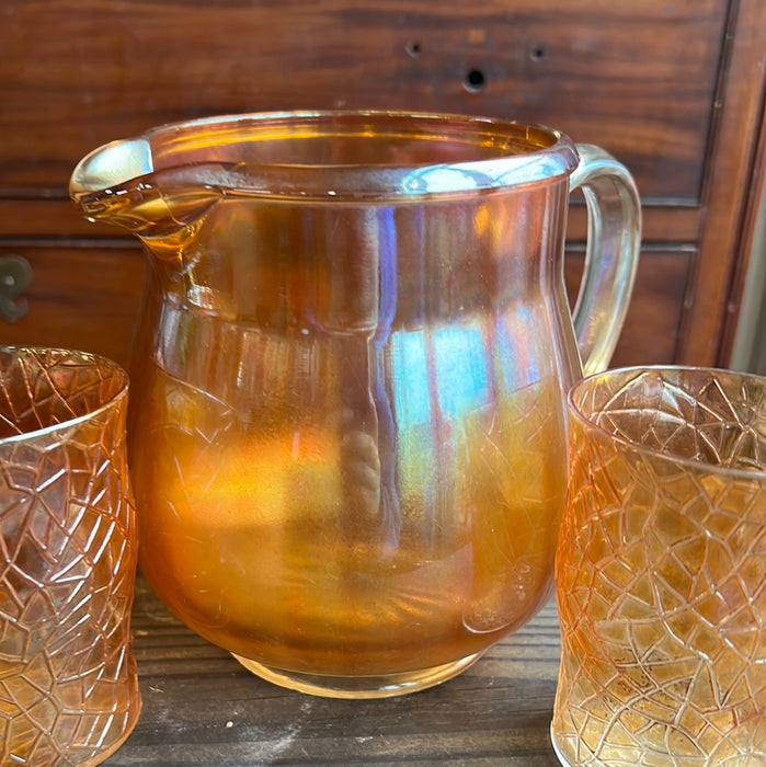 IRIDESCENT ORANGE PITCHER SET WITH 4 GLASSES