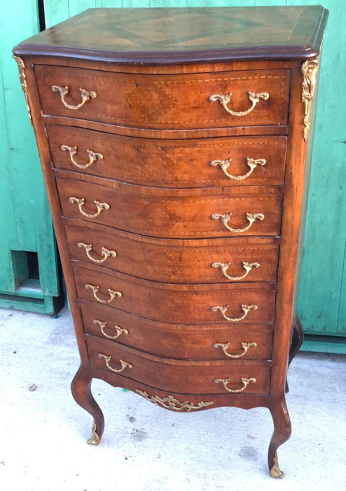 INLAID MAHOGANY BOW FRONT SEMAINIER WITH ORMOLU