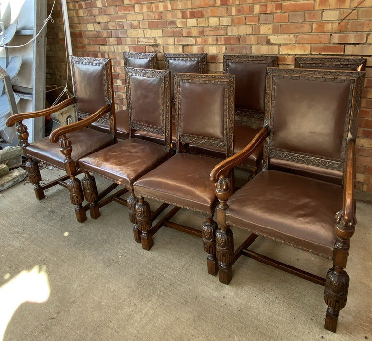 SET OF 8 OAK AND LEATHER TUDOR STYLE CHAIRS