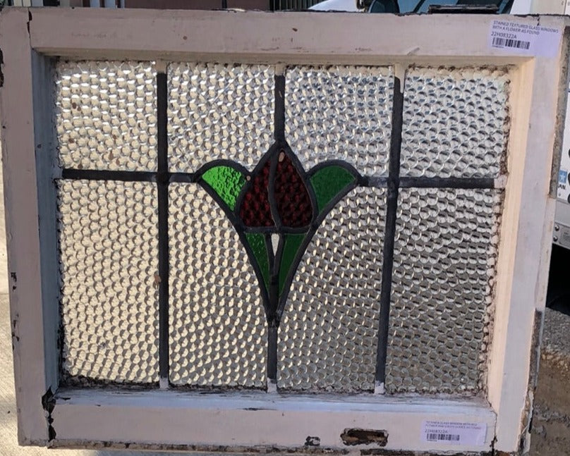 STAINED GLASS WINDOW WITH RED FLOWER AND GREEN LEAVES - AS FOUND