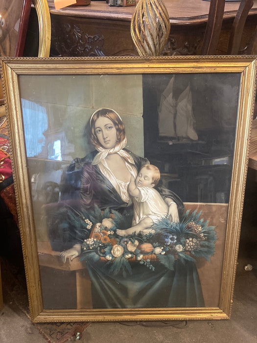 FLOWER LADY WITH BABY LITHOGRAPH IN GILT FRAME