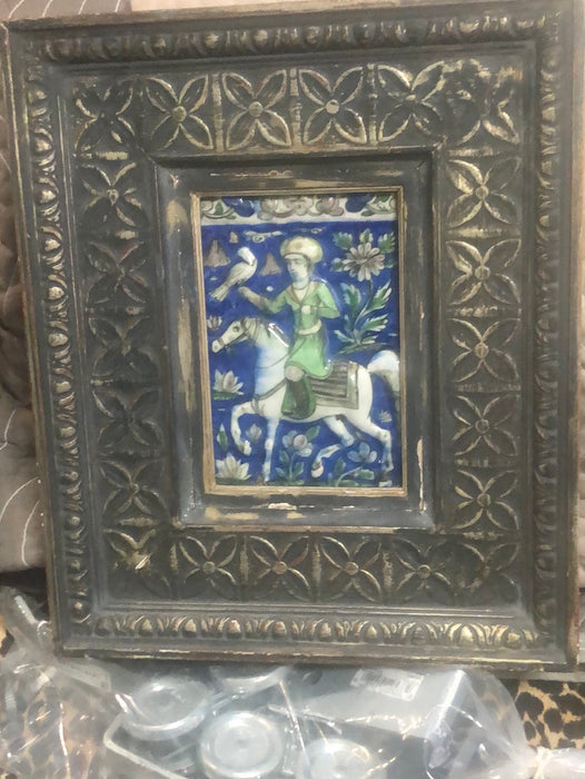 FRAMED COLORFUL PERSIAN TILE OF MAN ON HORSE