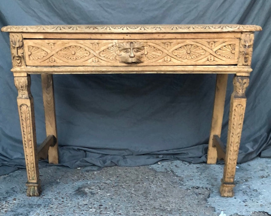 RAW OAK CARVED ENGLISH CONSOLE TABLE WITH DRAWER