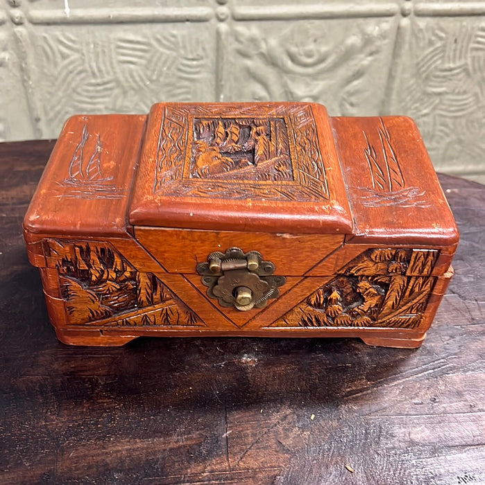 AS IS WOOD CARVED BOX WITH BRASS HINGE
