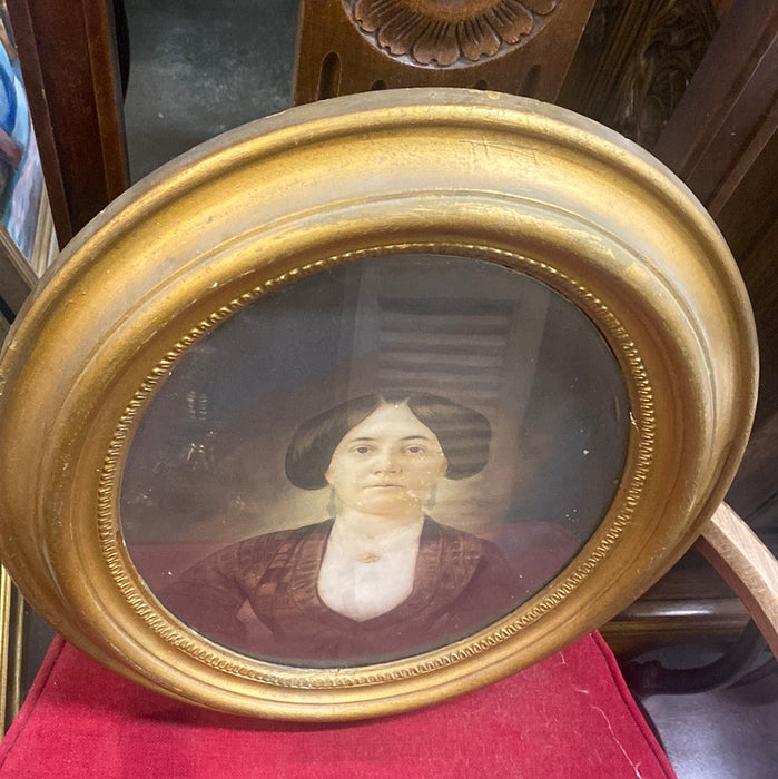 1840'S WATERCOLOR OF LADY IN GOLD OVAL FRAME