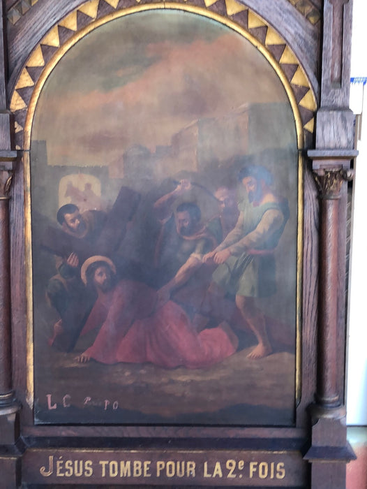 7TH STATION OF THE CROSS-OIL ON METAL IN WOOD FRAME