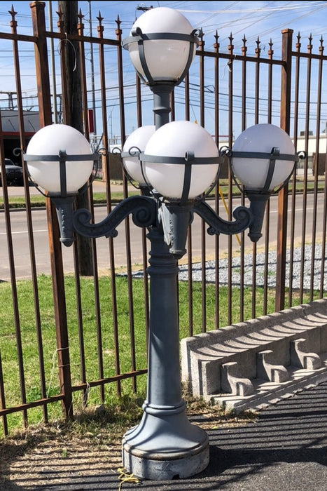 CAST IRON MULTI ARM STREET LAMP WITH WHITE GLASS GLOBES