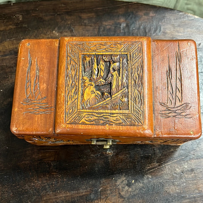 AS IS WOOD CARVED BOX WITH BRASS HINGE
