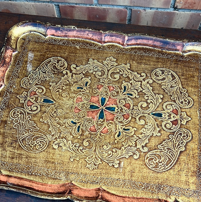 LARGE RECTANGULAR GOLD AND ORANGE FLORENTINE TRAY