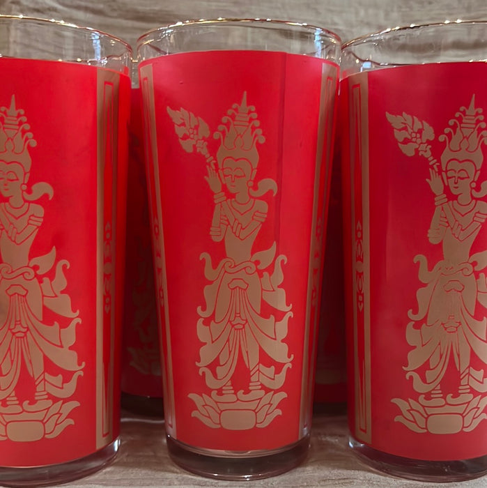 SET OF 7 VINTAGE RED WITH GOLD RIM ASIAN GLASSES