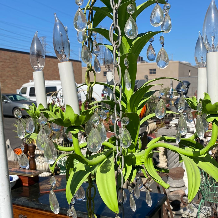 LIGHT GREEN TOLE CHANDELIER WITH PRISMS