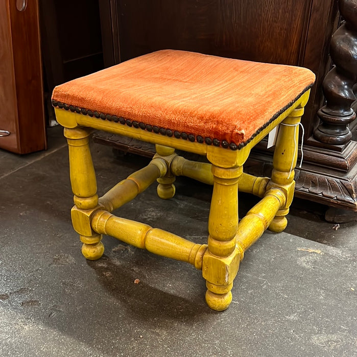 YELLOW PAINTED SQUARE STOOL WITH ORANGE FABRIC