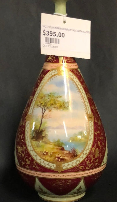 VICTORIAN NARROW NECK VASE WITH LADY IN LANDSCAPE