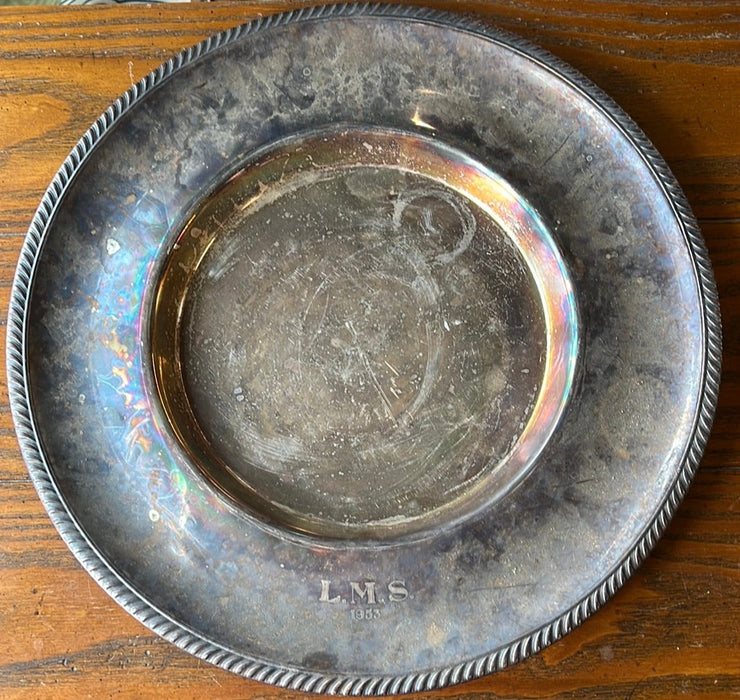 AS FOUND LARGE ROUND SILVERPLATE TRAY L.M.S. 1953