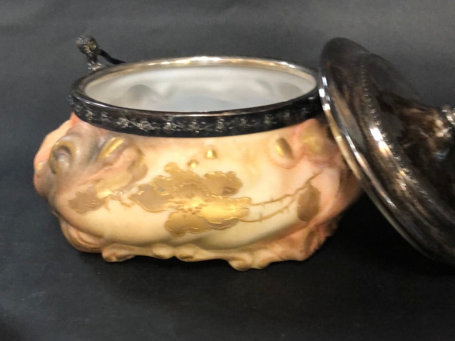 SILVERPLATE LID AND HANDLED GLASS WAVECREST STYLE CONTAINER