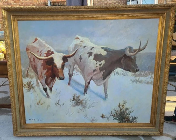 LARGE FRAMED OIL PAINTING OF TEXAS LONG HORNS BY ROBERT DE LEON