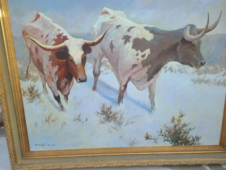 LARGE FRAMED OIL PAINTING OF TEXAS LONG HORNS BY ROBERT DE LEON