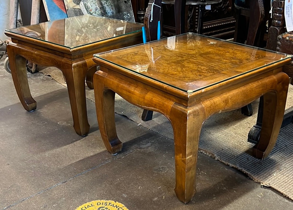 PAIR OF GLASS TOP CENTURY BURL SIDE TABLE WITH MING LEGS