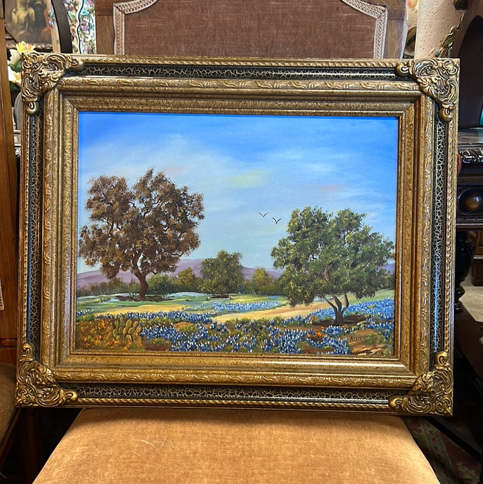 FRAMED OIL PAINTING WITH TREES AND BLUE BONNETS SIGNED ALLIE