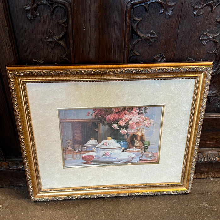 FRAMED PASTEL AND GOLDEN STILL LIFE PRINT WITH PINK FLOWERS AND PORCELAIN