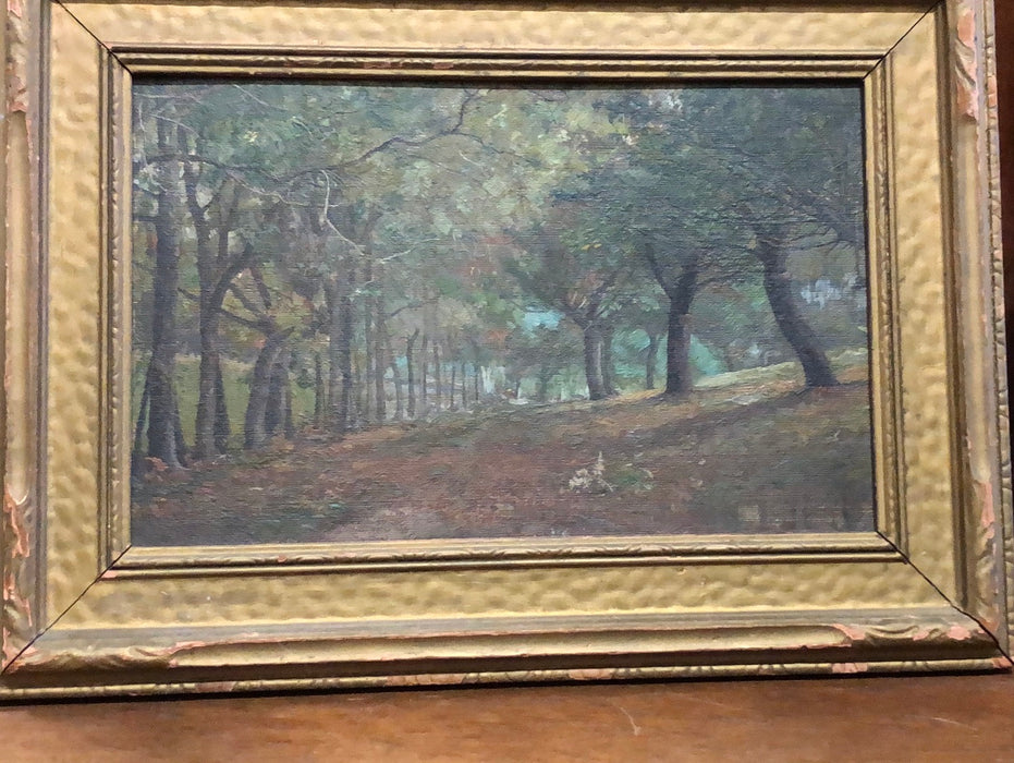 SMALL PRIMITIVE SYLVAN LANDSCAPE OIL PAINTING IN GOLD FRAME