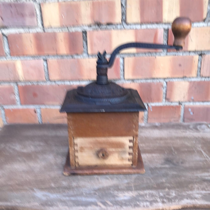 ANTIQUE CAST IRON AND WOOD COFFEE MILL
